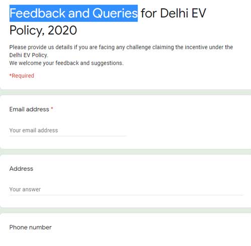 Feedback and Queries for Delhi EV Policy, 2020