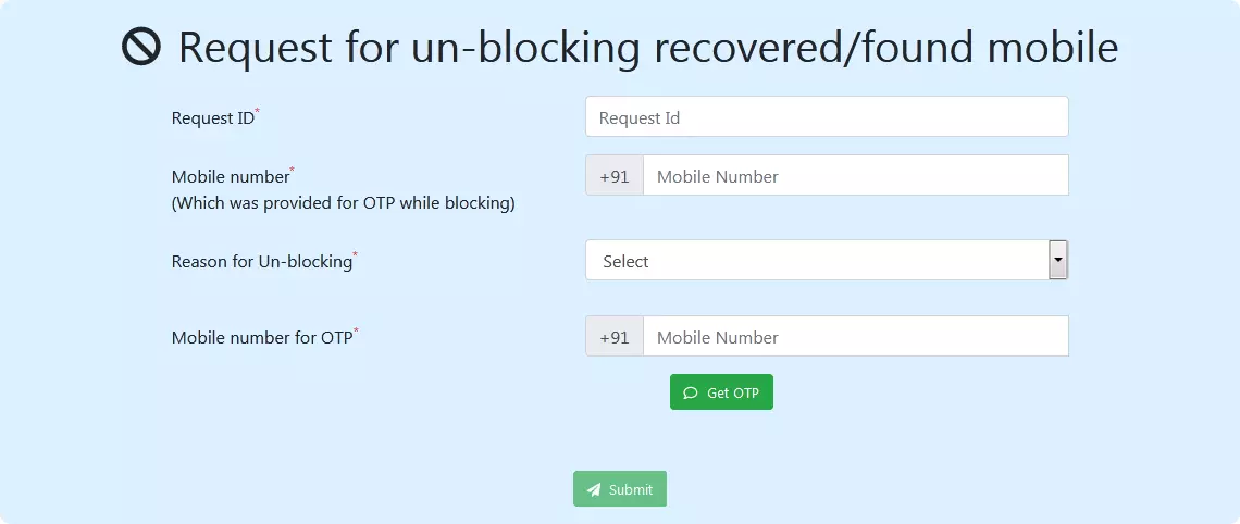 Request for un-blocking recovered/found mobile