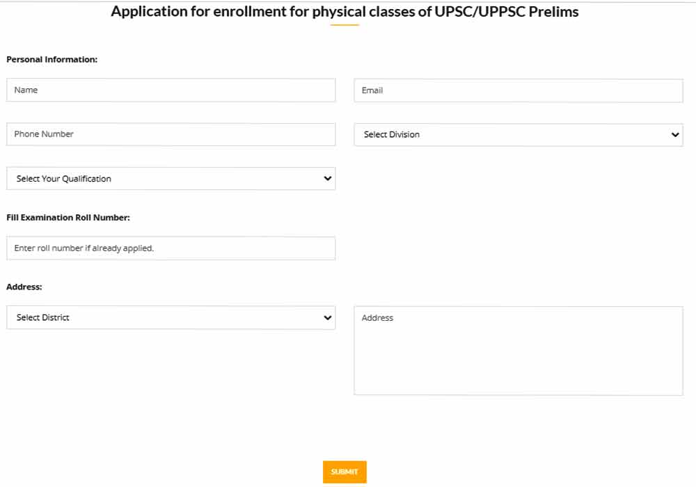 Application for enrollment for physical classes of Abhyuday Scheme