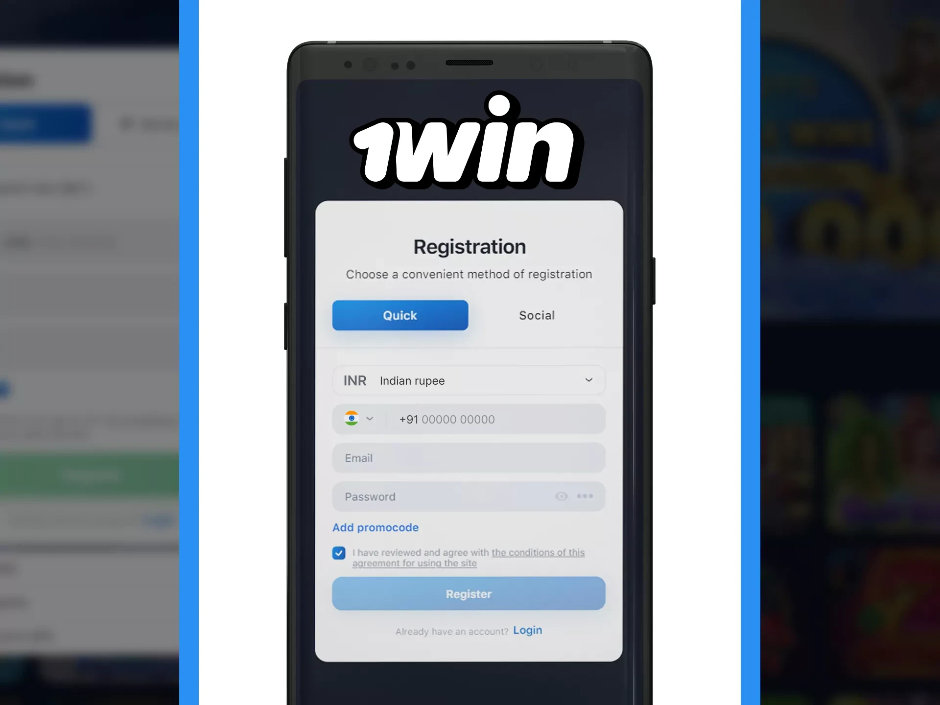 Register with 1win to enjoy all the features of the app.