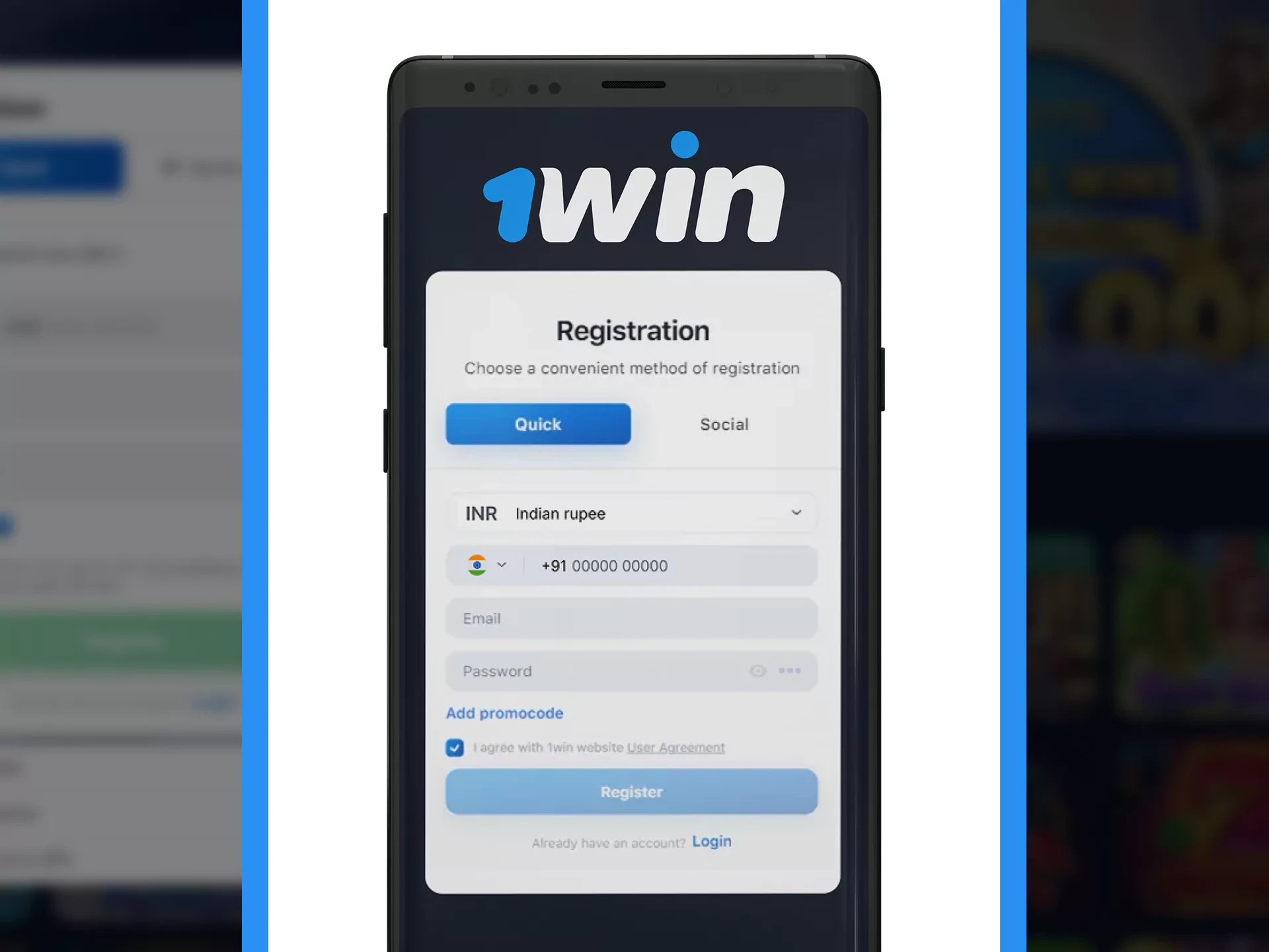 Register with 1win to enjoy all the features of the app.